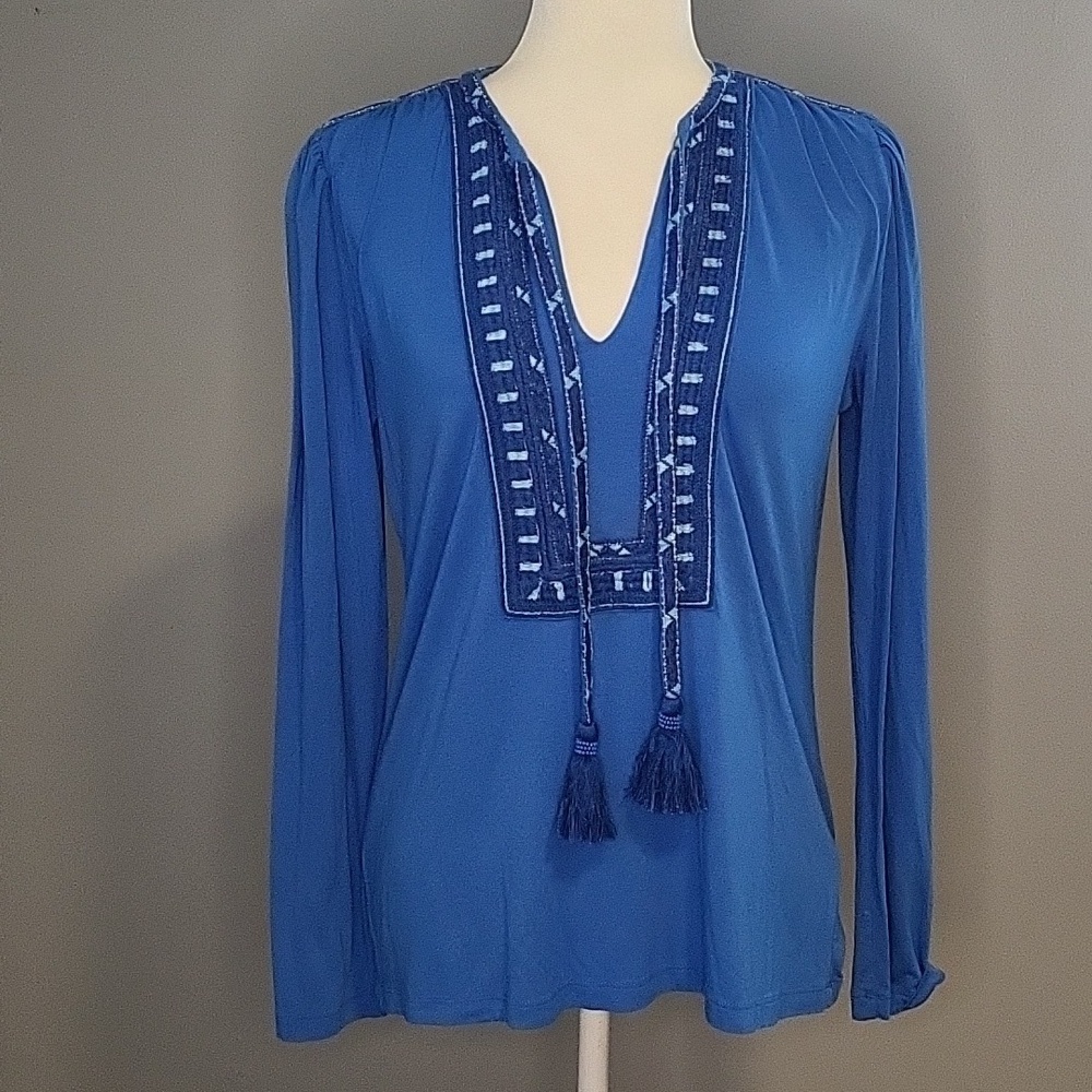 Kobi Halperin Blue Sherilyn Embroidered Long Sleeve Tassel Boho Top - Size XS